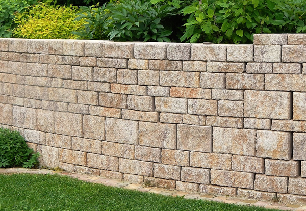 Blocksteinmauer mit Mähkante